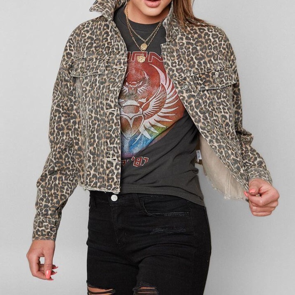 Free People | Animal Print Denim Jacket - Boho Chic - Neutral Edgy Layer - Picture 1 of 12